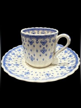 Vintage Spode Fleur de Lys Blue Demitasse Cup and Saucer Set England.